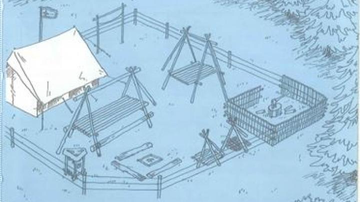 Illustration af en spejderlejrplads med bålplads, fedtfælle osv